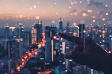 Poster - As twilight descends, a hand gestures towards a rising graph overlaying a bustling city skyline, symbolizing growth, opportunity, and economic prospects in urban settings.