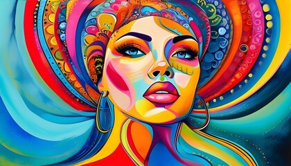 Wall Mural - Vibrant Abstract Profile of Woman Showcasing Cultural Fusion and Artistic Expression Through Dynamic Patterns