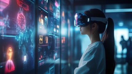 Poster - A futuristic educational environment with AI tutors and interactive learning tools. Students use augmented reality glasses