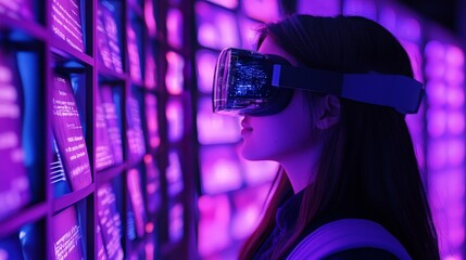 Poster - A futuristic educational environment with AI tutors and interactive learning tools. Students use augmented reality glasses