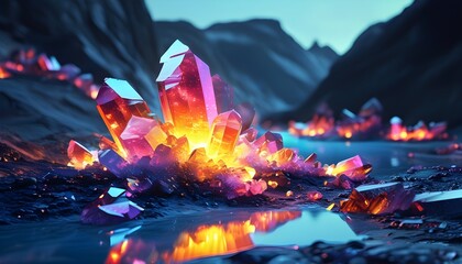 Wall Mural - Vibrant, illuminated crystalline formations create a surreal and mystical landscape filled with abstract beauty