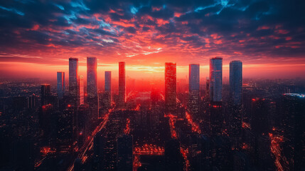 Poster - A city skyline with a red and orange sunset in the background. The city is lit up with lights, creating a warm and inviting atmosphere