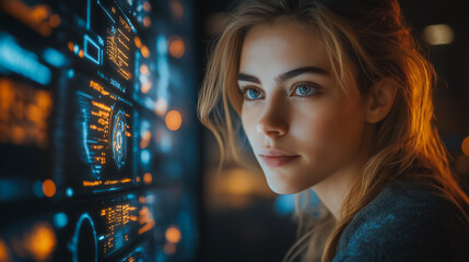 A woman is looking at a computer screen with a lot of numbers and letters on it. She has a serious expression on her face