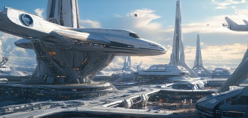 Wall Mural - a futuristic spaceport with advanced spacecraft and launch systems.