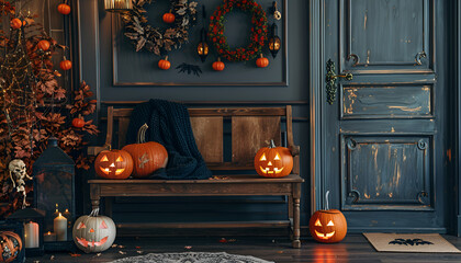 Wooden bench with Halloween decorations in festive hallway