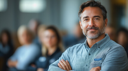 Poster - A man with a beard and a blue shirt is smiling at the camera. He is surrounded by other people, some of whom are also smiling. Scene is happy and friendly