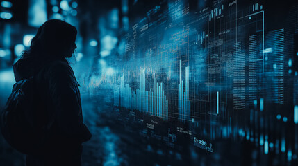 Poster - A woman is looking at a computer screen with a lot of numbers and graphs. Concept of complexity and information overload