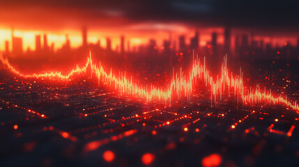 Fototapete - A city skyline with a red line that is going down. The red line is a graph that is showing a decline in something. Scene is one of sadness or disappointment