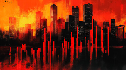 Poster - A cityscape with tall buildings and a red sky. The city is in flames and the buildings are in ruins