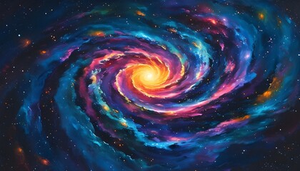 Vibrant cosmic spiral galaxy with luminous core against a deep starry space backdrop