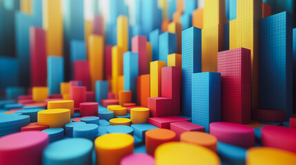 Poster - a colorful cityscape made of blocks and cubes. the blocks are in various colors, including red, yell