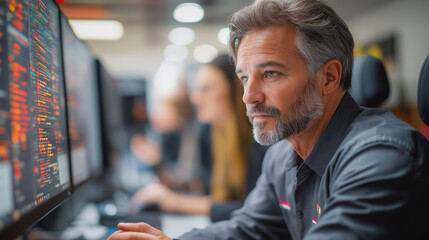 Wall Mural - A man is looking at a computer screen with a red and black background. He is wearing a black shirt and a red and white striped tie