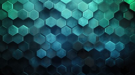 Poster - An abstract digital pattern of interconnected hexagons in a gradient of blues and greens.