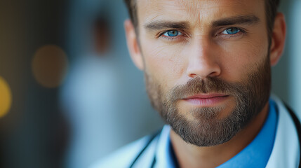 Poster - a man with a beard and blue eyes is wearing a white lab coat. he is looking directly at the camera