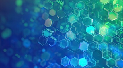 Poster - An abstract digital pattern of interconnected hexagons in a gradient of blues and greens.