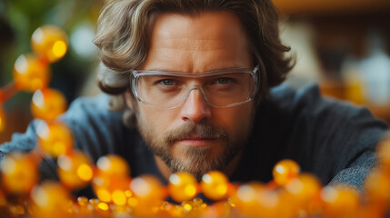 Poster - A man with glasses is looking at a bunch of orange beads. The beads are scattered around him, and he is surrounded by them. The image has a warm and cozy feeling