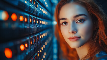 Poster - A woman with red hair is looking at the camera. The image is of a computer server room with many lights