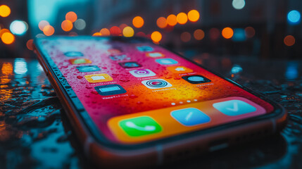 Wall Mural - a phone with a wet screen and a red background