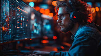 Poster - a man wearing headphones is looking at a computer monitor. he is wearing glasses and has a beard. co