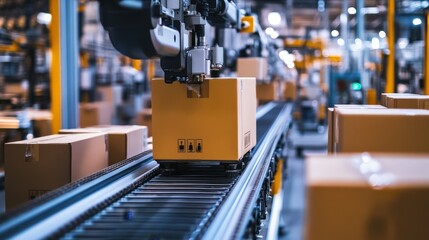 Aufkleber - A manufacturing plant's packaging line is automated, with machines efficiently packing products for shipment.