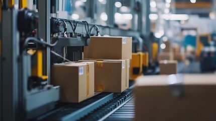 Aufkleber - A manufacturing plant's packaging line is automated, with machines efficiently packing products for shipment.