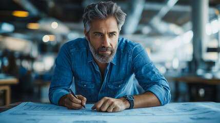 Poster - A man in a blue shirt is writing on a piece of paper. He has a serious expression on his face