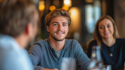 A man with a smile on his face is sitting at a table with two other people. Scene is friendly and welcoming