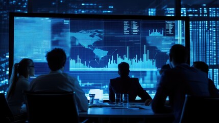 Poster - Business team analyzing market trends on a digital screen during a meeting.