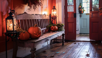 Wooden bench with Halloween decorations in festive hallway