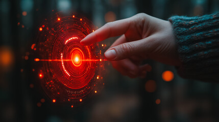 Poster - A hand is pointing at a red circle with a glowing center. Concept of excitement and energy, as if the person is eager to interact with the red circle