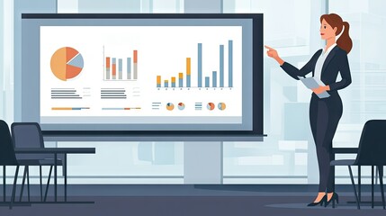 Poster - Businesswoman giving a presentation, pointing to a chart on a large screen in a conference room.