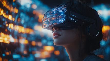 Poster - A woman wearing a virtual reality headset is looking at a cityscape. Concept of immersion and wonder as the woman explores the virtual world
