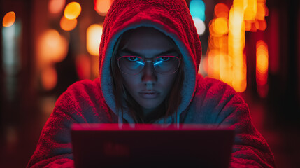  - A woman is sitting in a dark room with a laptop in front of her. She is wearing a hoodie and glasses. Concept of focus and concentration as she works on her laptop
