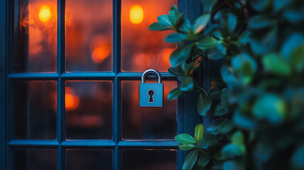 Poster - A lock is on a window. The lock is silver and has a keyhole. The window is blue and has a green bush growing out of it