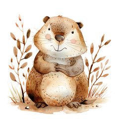 Adorable watercolor illustration of a cute otter surrounded by autumn leaves and plants, ideal for children's books and design projects.