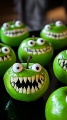 Spooky green apple monsters with googly eyes and sharp marshmallow teeth grin menacingly, perfect for a creative and healthy Halloween treat or party decoration.