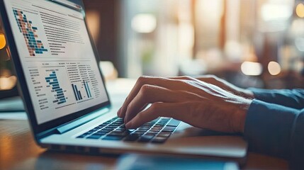 Poster - Close-up of hands typing on a laptop, with a business strategy document open on the screen.