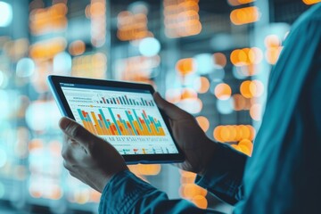 Business professional holding a tablet, analyzing colorful data charts, with a blurred background filled with digital information and lights.