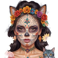 Wall Mural - Día de los Muertos, Mexican holiday Day of the Dead and Halloween. Vector illustration of a woman with sugar skull makeup - Calavera Catrina, cat, flowers and mexican objects for poster or background