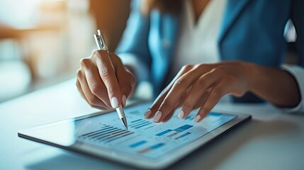 Poster - Entrepreneur looking at a graph on a tablet, analyzing business growth and opportunities.