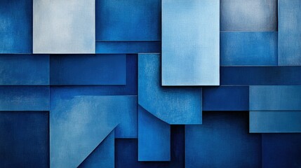 Poster - Geometric shapes in varying shades of blue, overlapping and creating depth in a modern abstract design