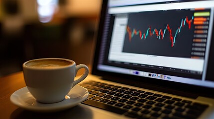 Poster - Laptop displaying a stock market graph, with a cup of coffee next to it, symbolizing work-life balance.
