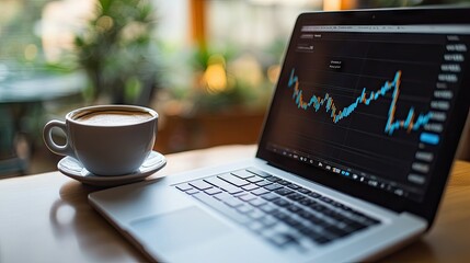 Poster - Laptop displaying a stock market graph, with a cup of coffee next to it, symbolizing work-life balance.
