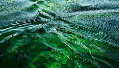 Transparent dark green clear water surface texture with ripples, splashes