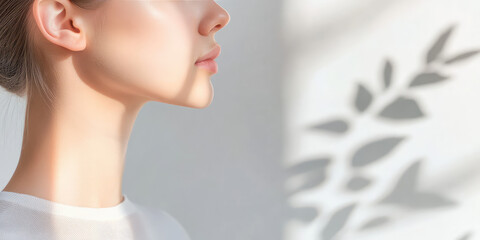 Close-up of a female neck and face on colored background with copy space and shadow of plants. Healthy clean skin, body care