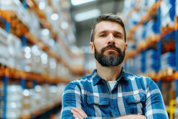 Wall Mural - A confident warehouse manager with a beard and crossed arms wearing a plaid shirt standing in a large storage facility filled with shelves of inventory.