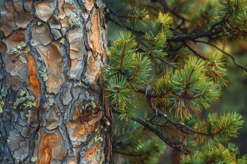 The photograph captures the intricate texture of tree bark alongside vibrant green pine needles, highlighting the tranquility of a lush forest in the morning light.