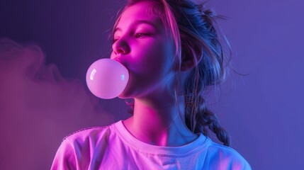 beautiful young woman making a balloon with her gum with neon ambient lights