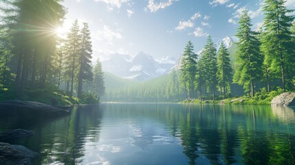 Wall Mural - A picturesque summer scene with a clear mountain lake surrounded by evergreen trees