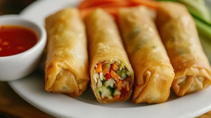 Poster - A plate of perfectly crispy, golden spring rolls filled with savory vegetables and meat